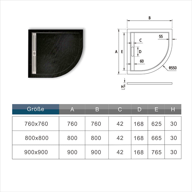 Viertelkreis-Duschwanne / Duschtasse Rund Für Duschkabine 80x80 x H.3 cm Schwarz Dimensions