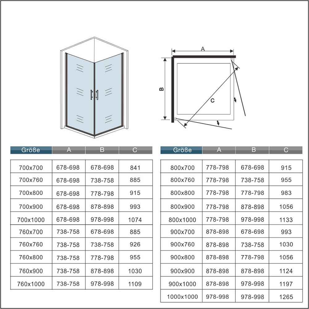 Duschkabine 90x90 x H. 185 cm Drehtür Eckeinstieg mit Duschwanne Duschabtrennung Glasdusche Dusche Ebenerdig Dimensions